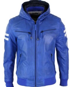 Blue hooded leather jacket
