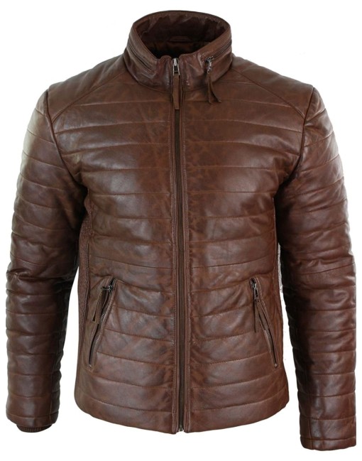 light brown puffer leather jacket