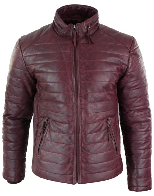 burnish red puffer leather jacket