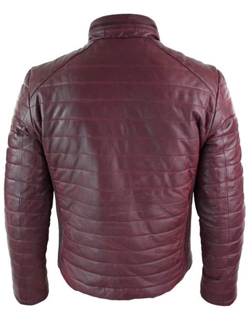 burnish red puffer leather jacket