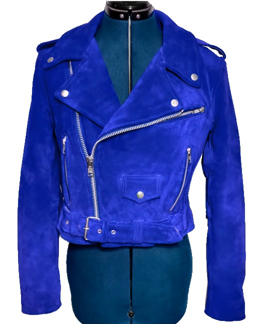 blue suede biker jacket