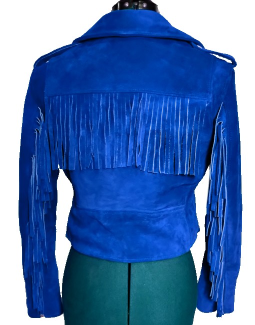 blue suede fringe jacket
