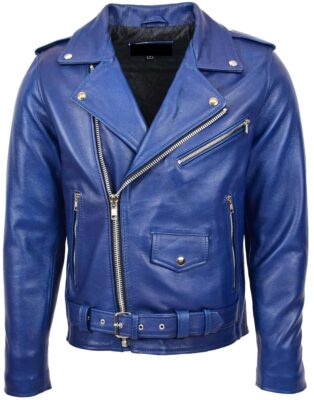 blue biker leather jacket