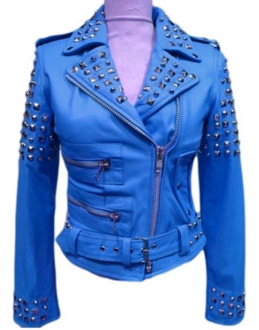 Blue biker Leather Jacket